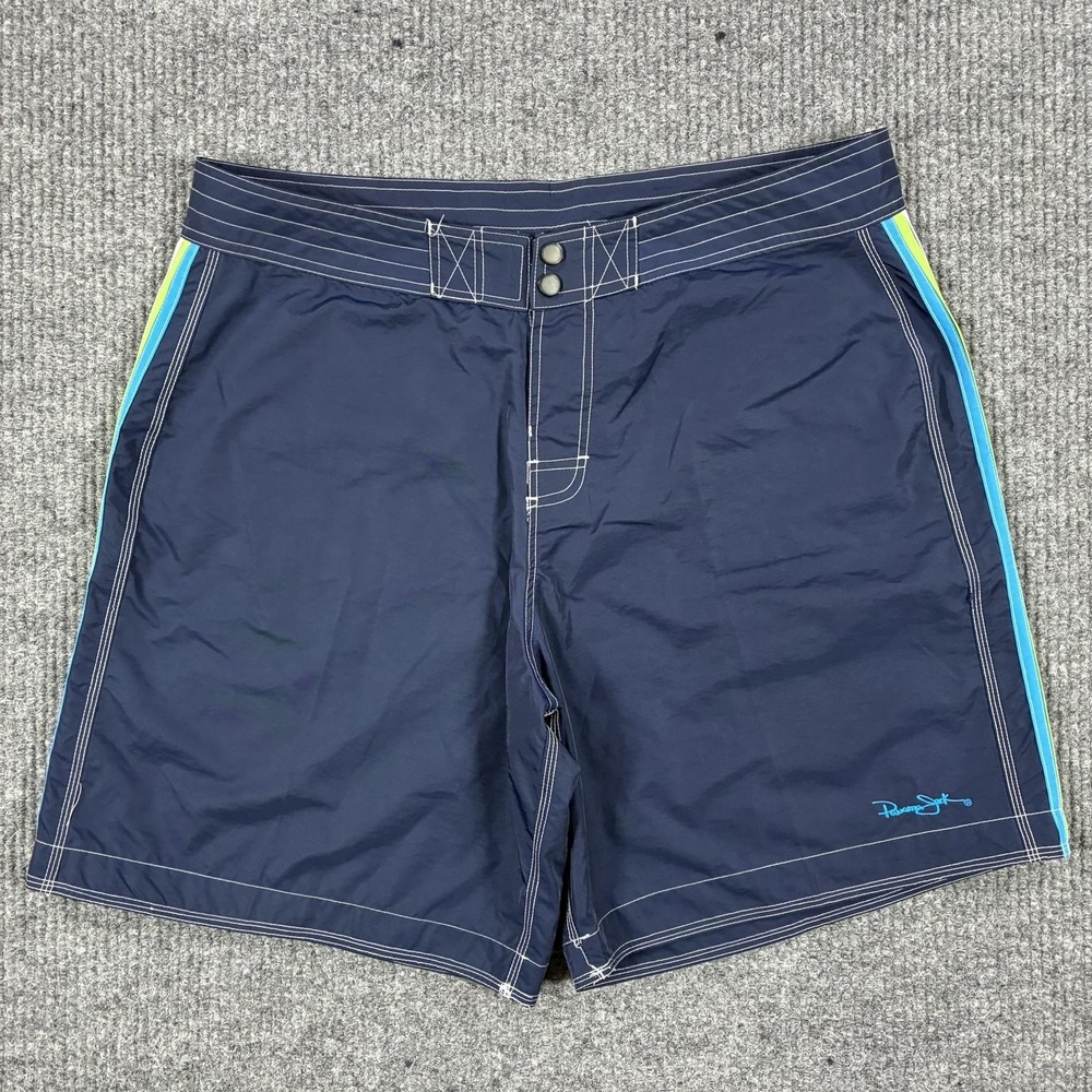Panama Jack Board Shorts Mens 38 Blue Striped Swim Trunks Back Pocket Beach